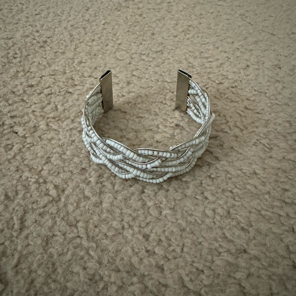 Vintage Weave with White Beads Cuff Bracelet